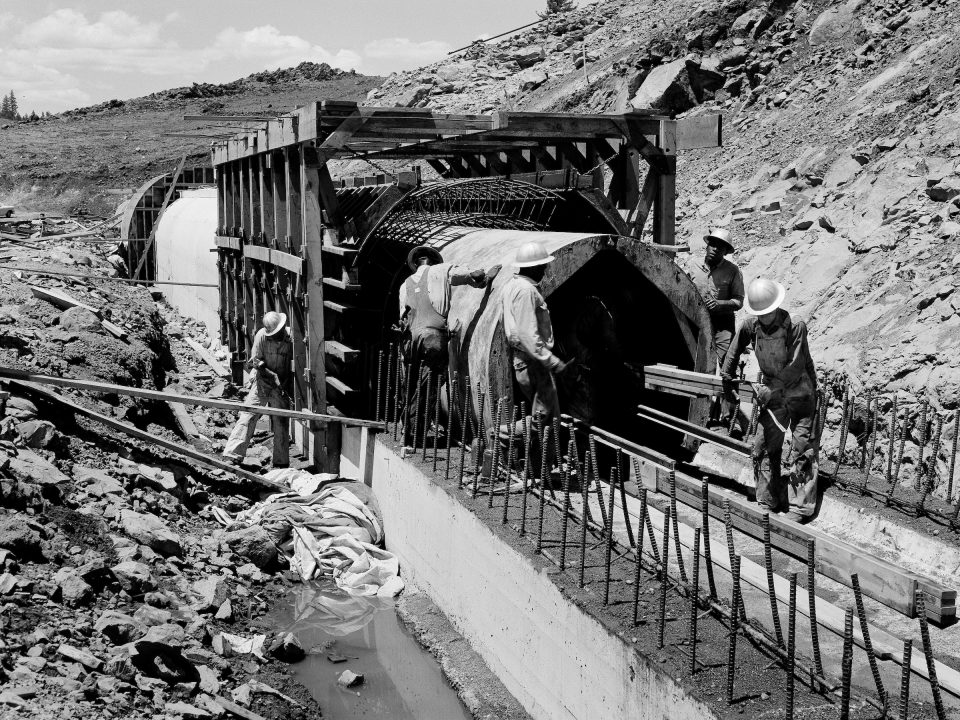 A construction crew works on the outlet conduit at the Frenchman damsite in southeastern Plumas County, California.