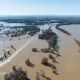 Aerial view of floodwaters overtopping the Fremont Weir in Knights Landing, Calif.