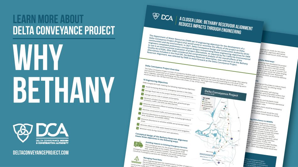 Title image for the fact sheet "Why Bethany" that states "learn more about delta conveyance project-why bethany". There is a screenshot of the fact sheet to the right of the words.
