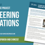 The image features an advertisement for the "Delta Conveyance Project" focusing on "Engineering Innovations." The background is a solid teal color. On the left side, prominent white text states, "Learn more about Delta Conveyance Project Engineering Innovations." Below this, smaller text reads, "Also available in Spanish and Chinese." At the bottom left, there are logos for the Delta Conveyance Design & Construction Authority (DCA) and its website, deltaconveyanceproject.com. To the right, a detailed document titled "A Closer Look: Engineering Innovations" is partially displayed, showing a mixture of text and an image of a person wearing a yellow hard hat and orange vest inspecting a large circular structure. A portion of a second document is visible behind the first.