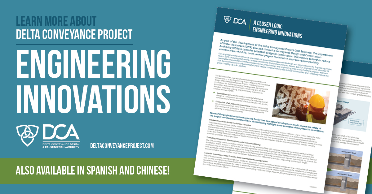 The image features an advertisement for the "Delta Conveyance Project" focusing on "Engineering Innovations." The background is a solid teal color. On the left side, prominent white text states, "Learn more about Delta Conveyance Project Engineering Innovations." Below this, smaller text reads, "Also available in Spanish and Chinese." At the bottom left, there are logos for the Delta Conveyance Design & Construction Authority (DCA) and its website, deltaconveyanceproject.com. To the right, a detailed document titled "A Closer Look: Engineering Innovations" is partially displayed, showing a mixture of text and an image of a person wearing a yellow hard hat and orange vest inspecting a large circular structure. A portion of a second document is visible behind the first.